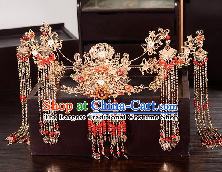 Chinese Traditional Wedding Golden Tassel Hair Crown Hairpins Handmade Bride Hair Accessories for Women