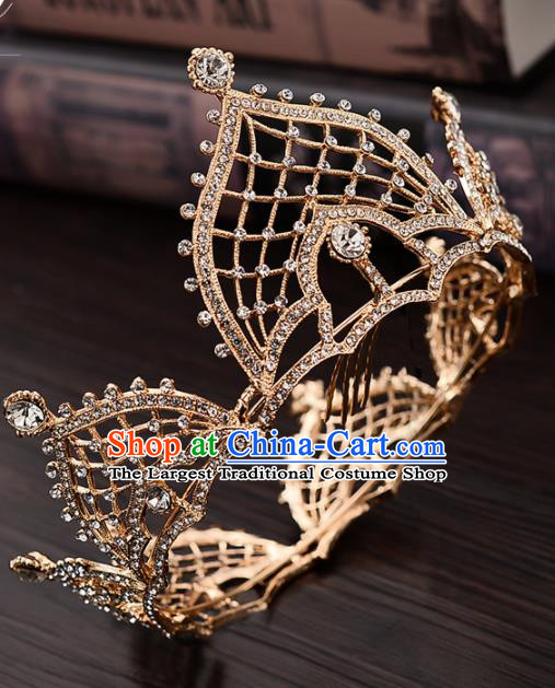 Top Handmade Princess Golden Round Royal Crown Wedding Bride Hair Accessories for Women