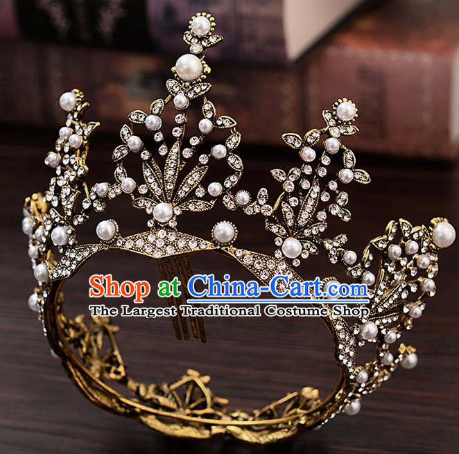 Top Handmade Baroque Princess Round Royal Crown Wedding Bride Hair Accessories for Women