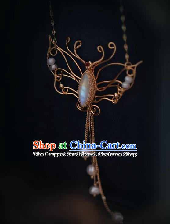 Chinese Traditional Ming Dynasty Moonstone Butterfly Necklace Handmade Ancient Princess Necklet Accessories for Women