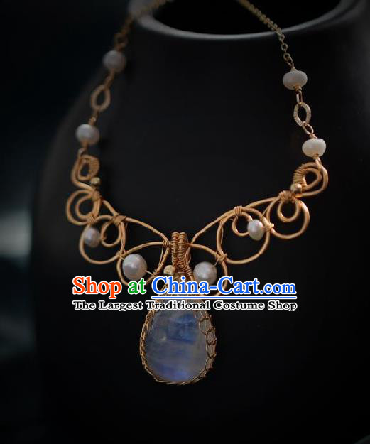 Chinese Traditional Ming Dynasty Moonstone Necklace Handmade Ancient Princess Necklet Accessories for Women