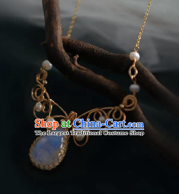 Chinese Traditional Ming Dynasty Moonstone Necklace Handmade Ancient Princess Necklet Accessories for Women