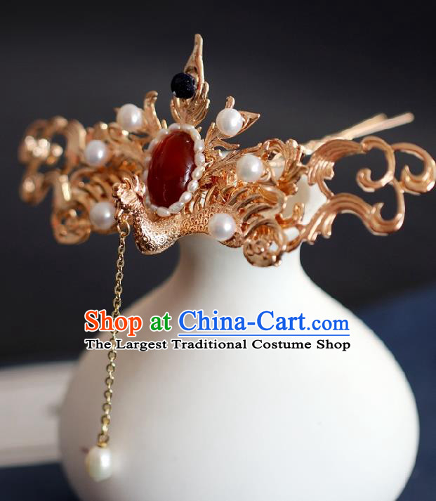 Chinese Handmade Princess Golden Phoenix Agate Hairpins Ancient Hanfu Hair Accessories for Women