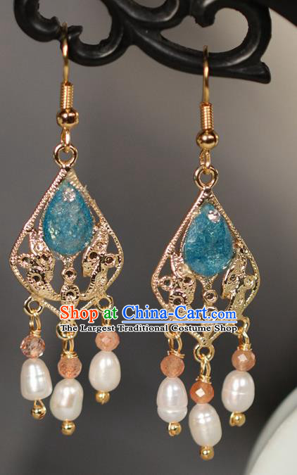 Chinese Traditional Hanfu Pearls Tassel Blue Earrings Handmade Ear Jewelry Accessories for Women