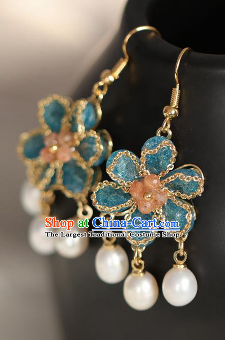 Chinese Traditional Hanfu Pearls Tassel Blue Plum Earrings Handmade Ear Jewelry Accessories for Women