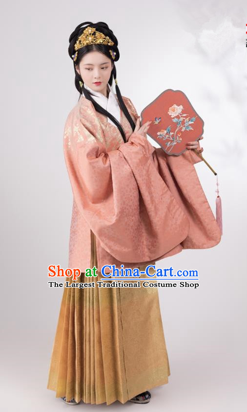Traditional Chinese Hanfu Pink Brocade Blouse and Skirt Ancient Ming Dynasty Royal Infanta Historical Costumes for Women