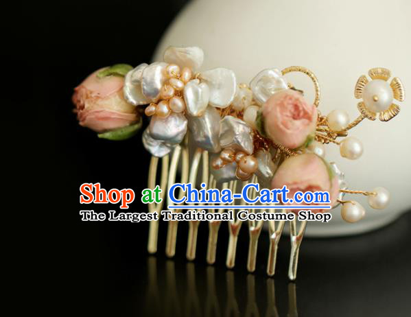 Chinese Handmade Ming Dynasty Princess Pink Flowers Hair Comb Hairpins Ancient Hanfu Hair Accessories for Women