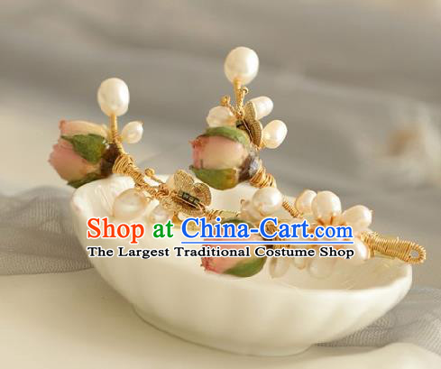 Chinese Handmade Ming Dynasty Princess Pink Flowers Pearls Hair Claw Hairpins Ancient Hanfu Hair Accessories for Women