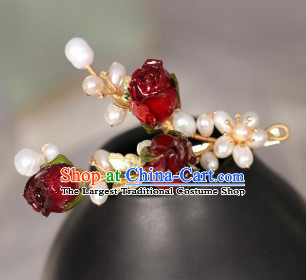Chinese Handmade Ming Dynasty Princess Red Flowers Pearls Hair Claw Hairpins Ancient Hanfu Hair Accessories for Women