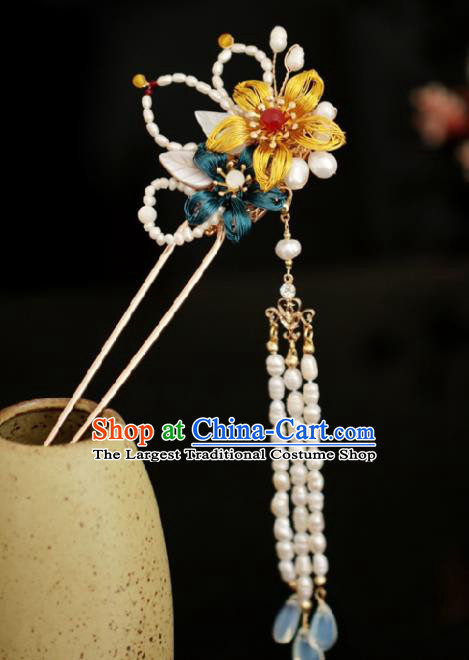 Chinese Handmade Tang Dynasty Princess White Pearls Tassel Hairpins Ancient Hanfu Hair Accessories for Women