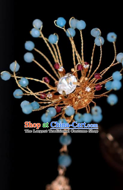 Chinese Handmade Tang Dynasty Princess Blue Beads Tassel Hairpins Ancient Hanfu Hair Accessories for Women
