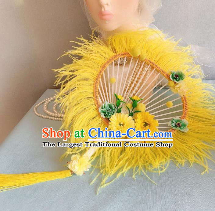 Chinese Traditional Yellow Palace Fans Handmade Ancient Princess Feather Round Fan for Women