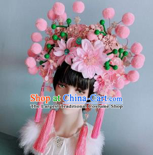 Chinese Handmade Classical Pink Peony Tassel Phoenix Coronet Hat Ancient Empress Hanfu Hair Accessories for Women