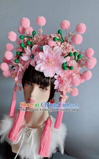 Chinese Handmade Classical Pink Peony Tassel Phoenix Coronet Hat Ancient Empress Hanfu Hair Accessories for Women