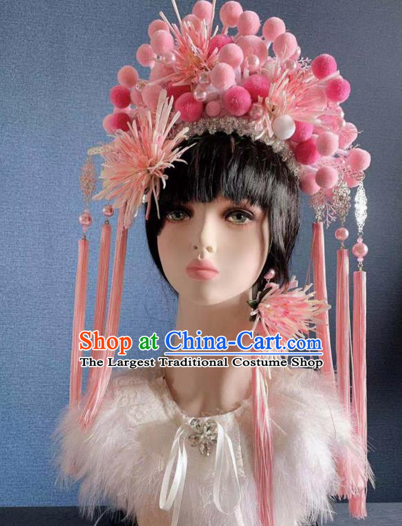 Chinese Handmade Classical Pink Chrysanthemum Phoenix Coronet Hat Ancient Empress Hanfu Hair Accessories for Women