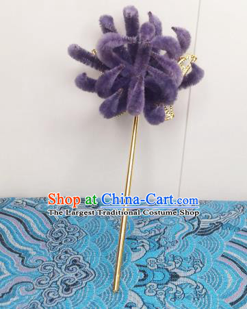 Chinese Traditional Hanfu Qing Dynasty Court Purple Velvet Chrysanthemum Hairpins Handmade Ancient Royal Princess Hair Accessories for Women
