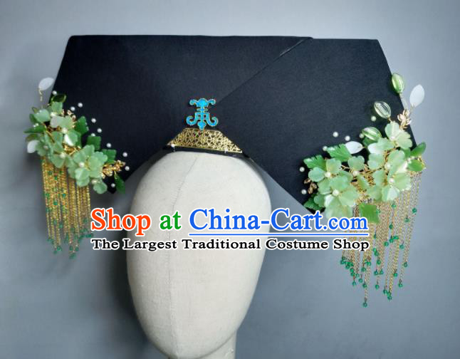 Chinese Handmade Qing Dynasty Manchu Imperial Consort Green Flower Hairpins Hat Ancient Empress Hair Accessories for Women