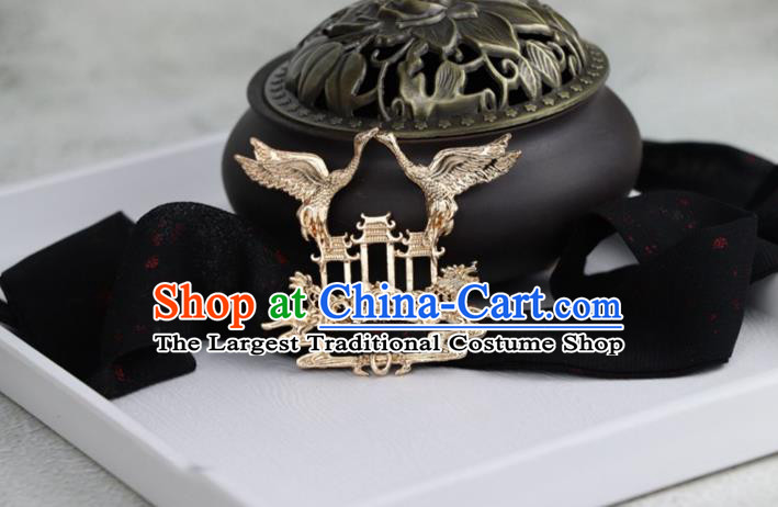 Chinese Traditional Hanfu Black Ribbon Hairband Handmade Ancient Swordsman Crane Hair Accessories for Men