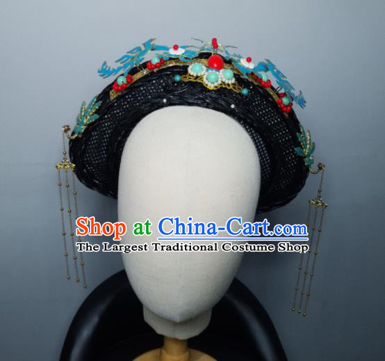 Chinese Handmade Qing Dynasty Manchu Blue Phoenix Hairpins Hat Ancient Imperial Consort Hair Accessories for Women