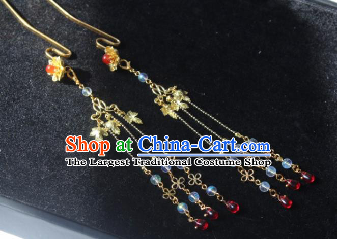 Chinese Handmade Ming Dynasty Princess Golden Leaf Tassel Hairpins Ancient Hanfu Hair Accessories for Women