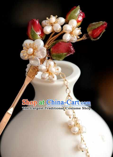 Chinese Handmade Ming Dynasty Princess Red Flower Pearls Hairpins Ancient Hanfu Hair Accessories for Women