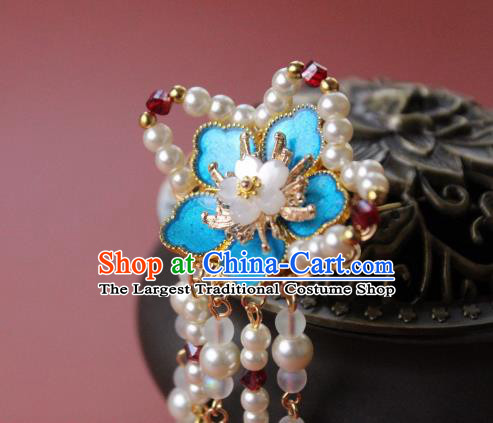 Chinese Handmade Ming Dynasty Princess Blue Flower Tassel Hairpins Ancient Hanfu Hair Accessories for Women