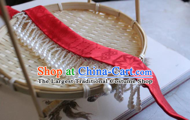 Chinese Traditional Hanfu Ming Dynasty Red Ribbon Headband Handmade Ancient Princess Hair Accessories for Women
