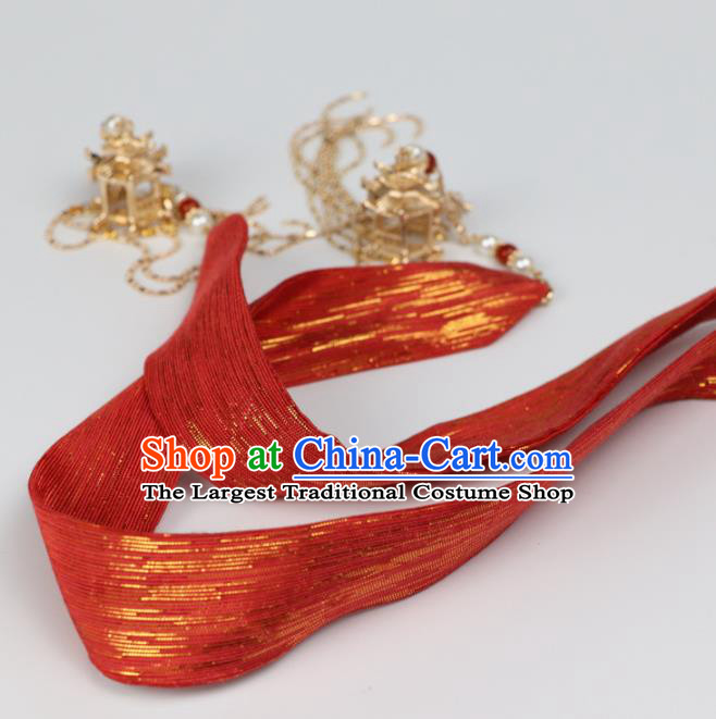 Chinese Traditional Hanfu Red Ribbon Hairband Handmade Ancient Princess Hair Accessories for Women