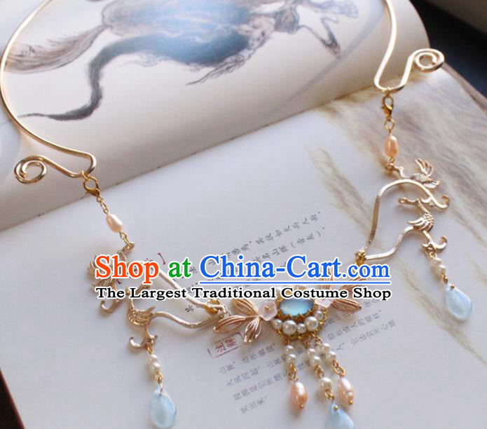 Chinese Traditional Hanfu Golden Crane Necklace Handmade Ancient Princess Necklet Accessories for Women