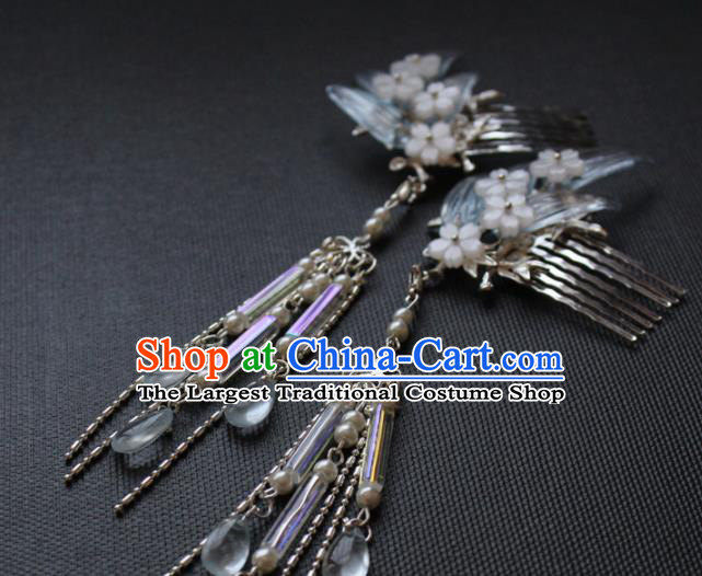 Chinese Handmade Ming Dynasty Princess Blue Bamboo Hair Comb Hairpins Ancient Hanfu Hair Accessories for Women