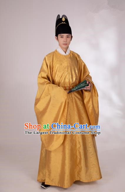Traditional Chinese Hanfu Golden Silk Imperial Robe Ancient Ming Dynasty Emperor Historical Costumes for Men