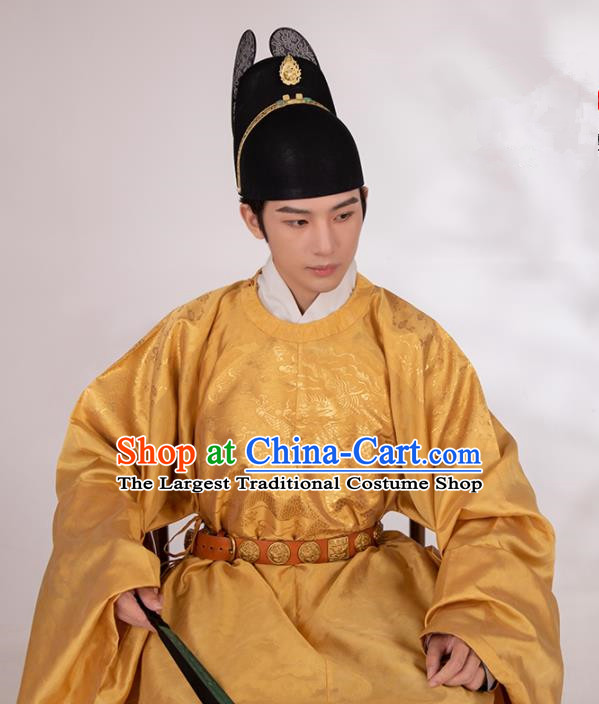Traditional Chinese Hanfu Golden Silk Imperial Robe Ancient Ming Dynasty Emperor Historical Costumes for Men