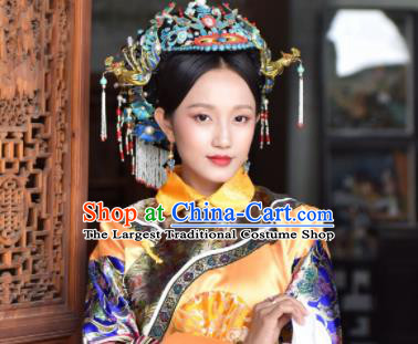 Chinese Handmade Qing Dynasty Manchu Cloisonne Phoenix Hairpins Hat Ancient Imperial Consort Hair Accessories for Women