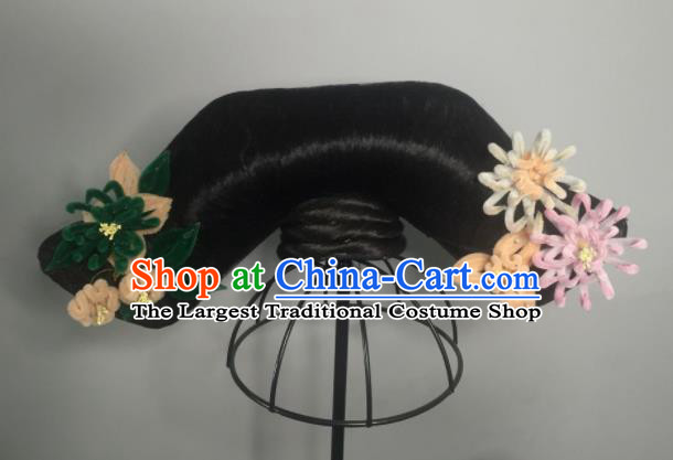 Chinese Traditional Hanfu Qing Dynasty Court Lady Wigs and Velvet Flowers Hairpins Handmade Ancient Imperial Consort Hair Accessories for Women