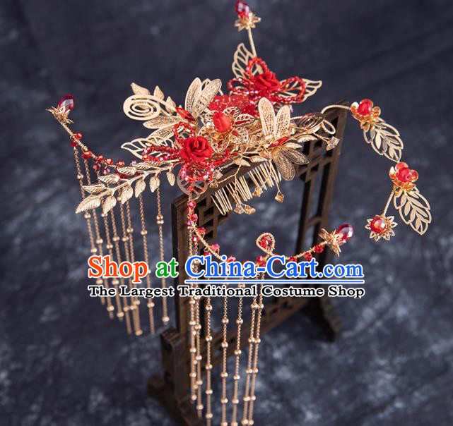 Chinese Traditional Wedding Hanfu Tassel Hairpins Handmade Ancient Bride Dragonfly Hair Accessories for Women
