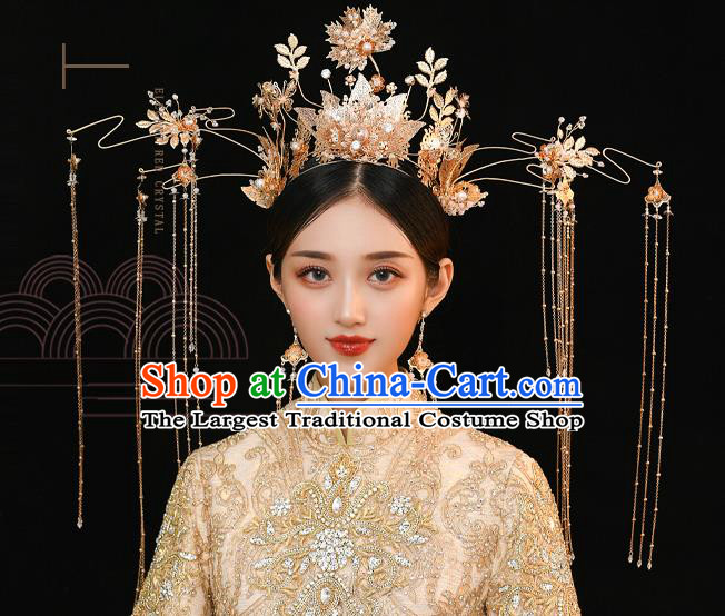 Traditional Chinese Handmade Wedding Golden Leaf Tassel Phoenix Coronet Ancient Bride Hair Accessories for Women