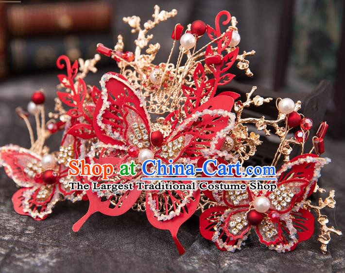 Traditional Chinese Handmade Wedding Red Butterfly Hairpins Phoenix Coronet Ancient Bride Hair Accessories for Women