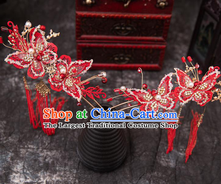 Traditional Chinese Handmade Wedding Red Butterfly Hairpins Phoenix Coronet Ancient Bride Hair Accessories for Women