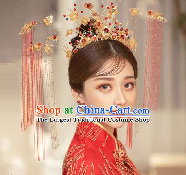 Traditional Chinese Handmade Hairpins Red Tassel Phoenix Coronet Ancient Bride Hair Accessories for Women