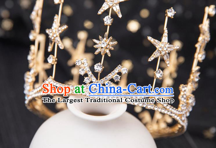 Top Handmade Wedding Bride Crystal Star Round Golden Royal Crown Baroque Princess Hair Accessories for Women
