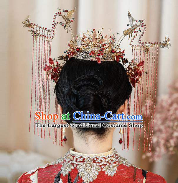 Traditional Chinese Handmade Red Flowers Phoenix Crown Hairpins Ancient Bride Hair Accessories for Women