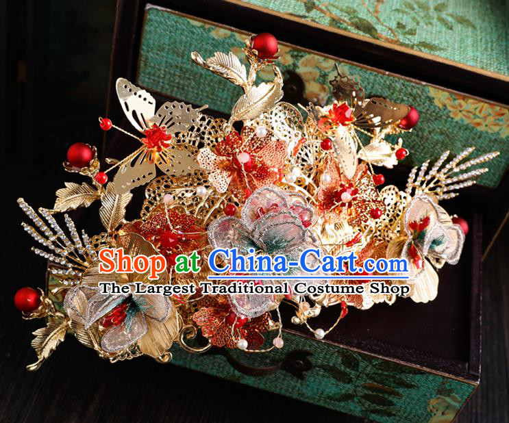 Traditional Chinese Wedding Silk Plum Phoenix Coronet Hairpins Handmade Ancient Bride Hair Accessories for Women