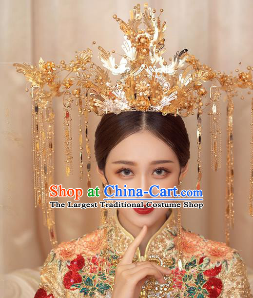 Traditional Chinese Handmade Golden Phoenix Chaplet Hairpins Ancient Bride Hair Accessories for Women