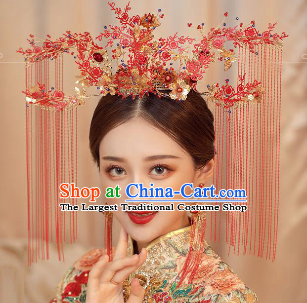 Traditional Chinese Handmade Red Crown Chaplet Hairpins Ancient Bride Hair Accessories for Women