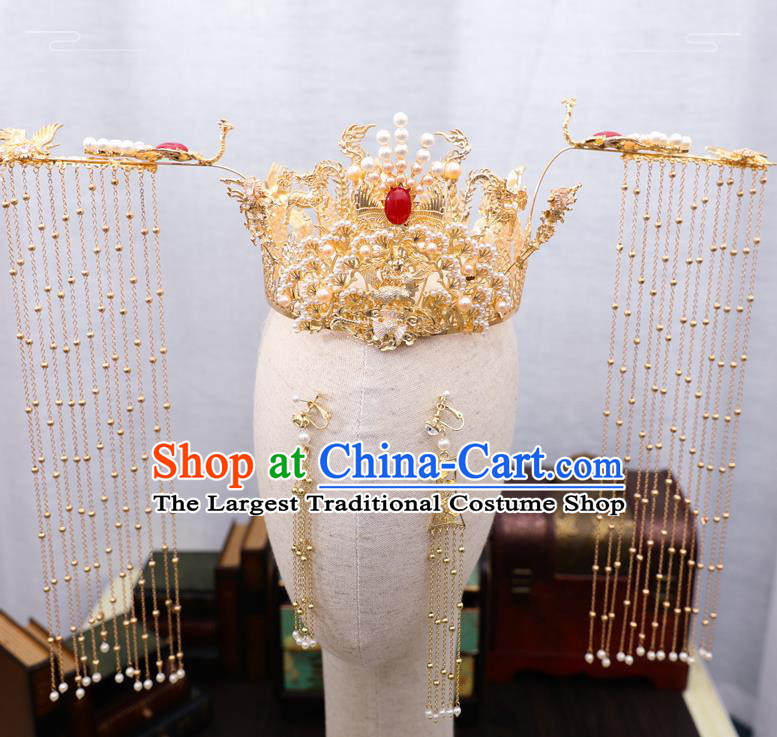Traditional Chinese Wedding Golden Pine Phoenix Coronet Hairpins Handmade Ancient Bride Hair Accessories for Women