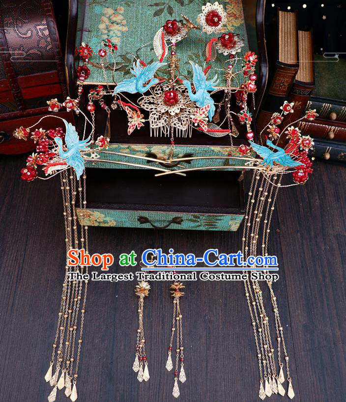Traditional Chinese Wedding Blue Cranes Phoenix Coronet Hairpins Handmade Ancient Bride Hair Accessories for Women