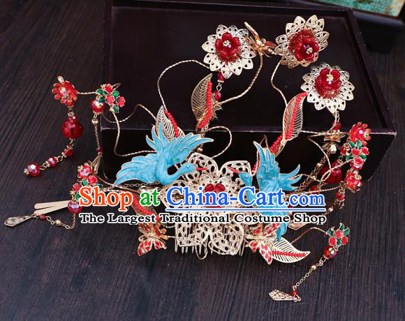Traditional Chinese Wedding Blue Cranes Phoenix Coronet Hairpins Handmade Ancient Bride Hair Accessories for Women