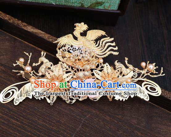 Traditional Chinese Wedding Golden Phoenix Hair Comb Hairpins Handmade Ancient Bride Hair Accessories for Women