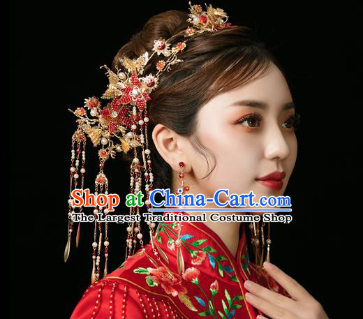 Traditional Chinese Wedding Red Star Hair Clasp Hairpins Handmade Ancient Bride Hair Accessories for Women