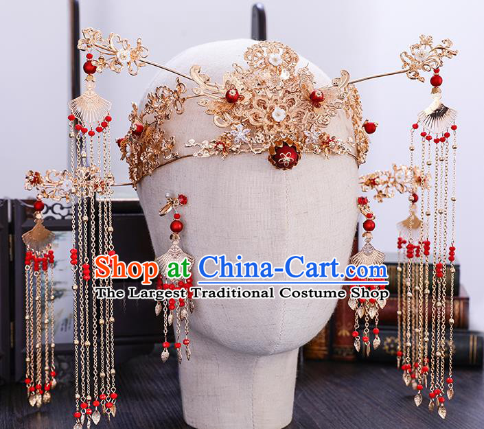 Traditional Chinese Wedding Golden Lotus Phoenix Coronet Hairpins Handmade Ancient Bride Hair Accessories for Women